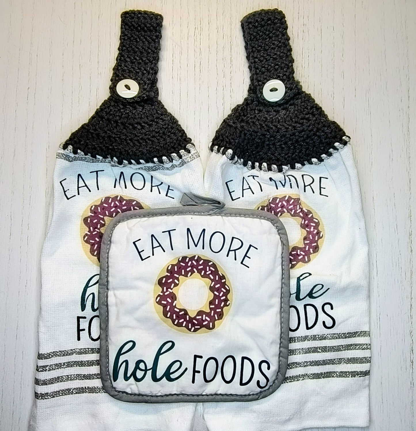 Crochet Top "Eat More Hole Foods" Donut Hanging Dish Towel/Pot Holder Set