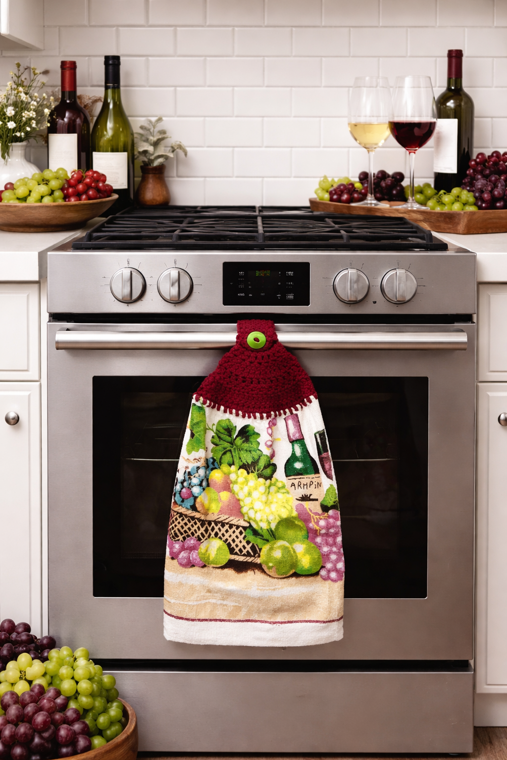 Crochet Top Wine Bottle & Grapes Hanging Kitchen Towel