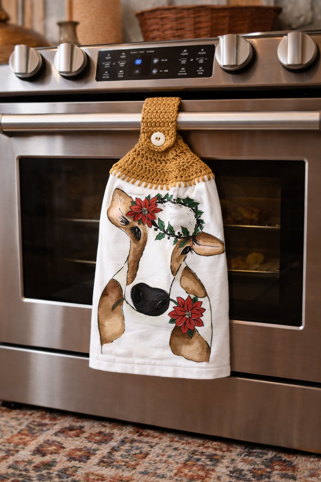 Crochet Top Festive Cow Poinsettia Crown Hanging Dish Towel