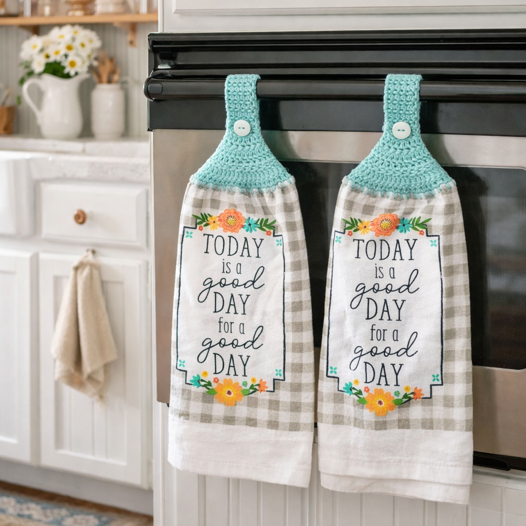 Today is a Good Day Teal Crochet Top Hanging Dish Towel & Potholder Set