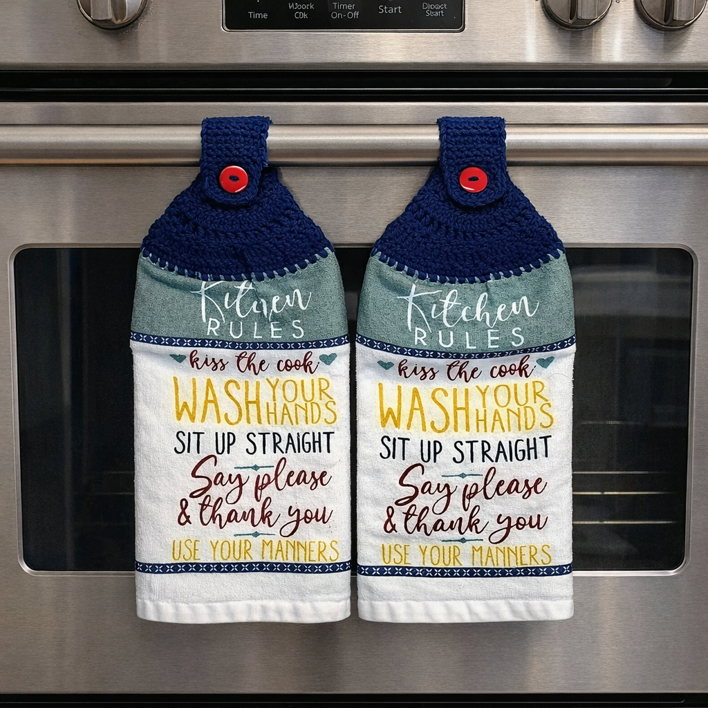 Crochet Top Kitchen Rules Hanging Dish Towel & Potholder Set