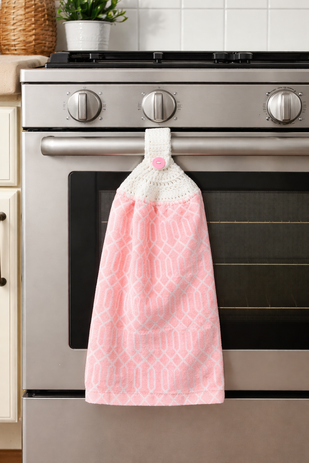 Crochet Top Pink & White Geometric Hanging Kitchen Towel