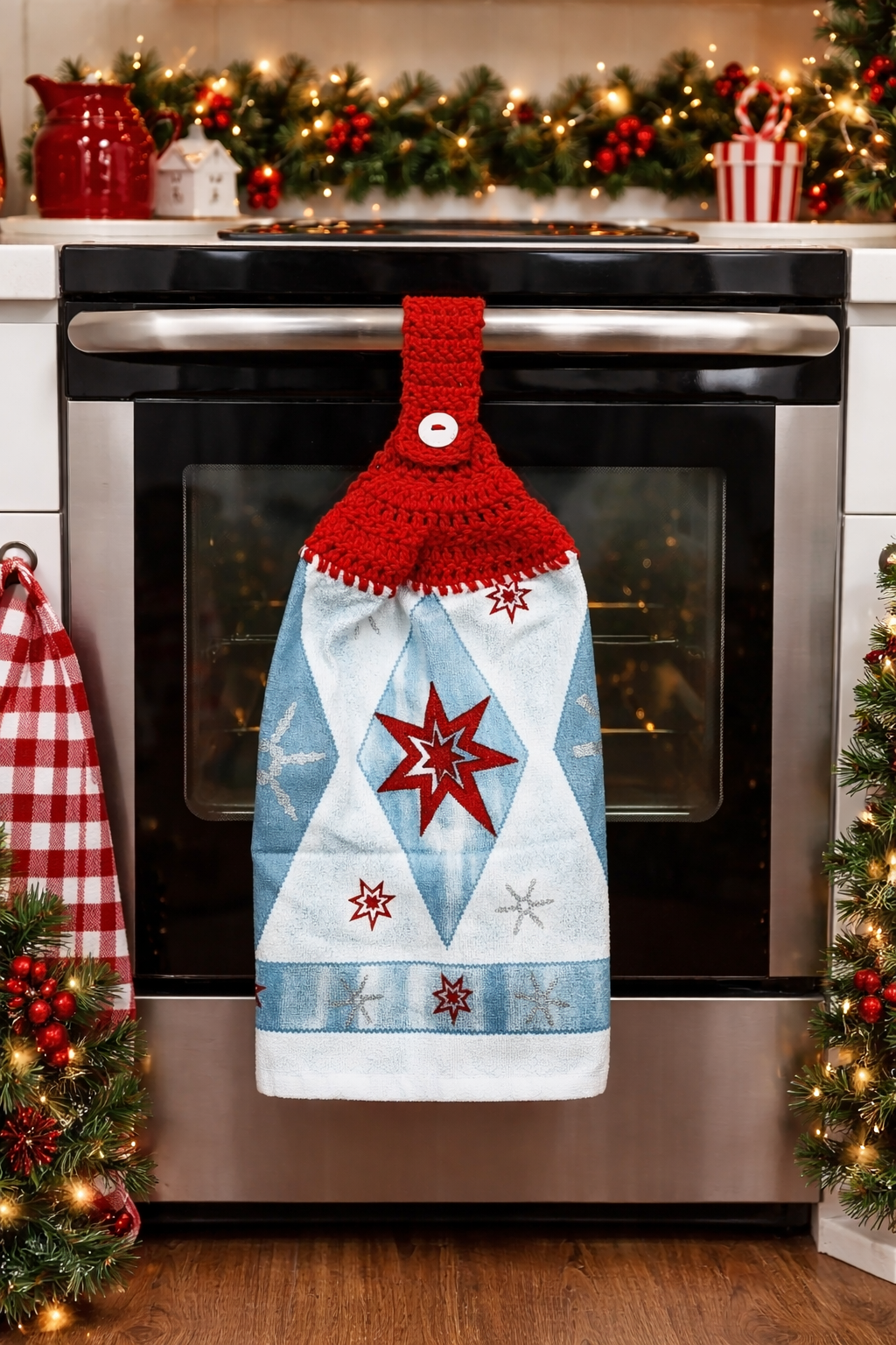 Crochet Top Red Star Snowflake Hanging Dish Towel