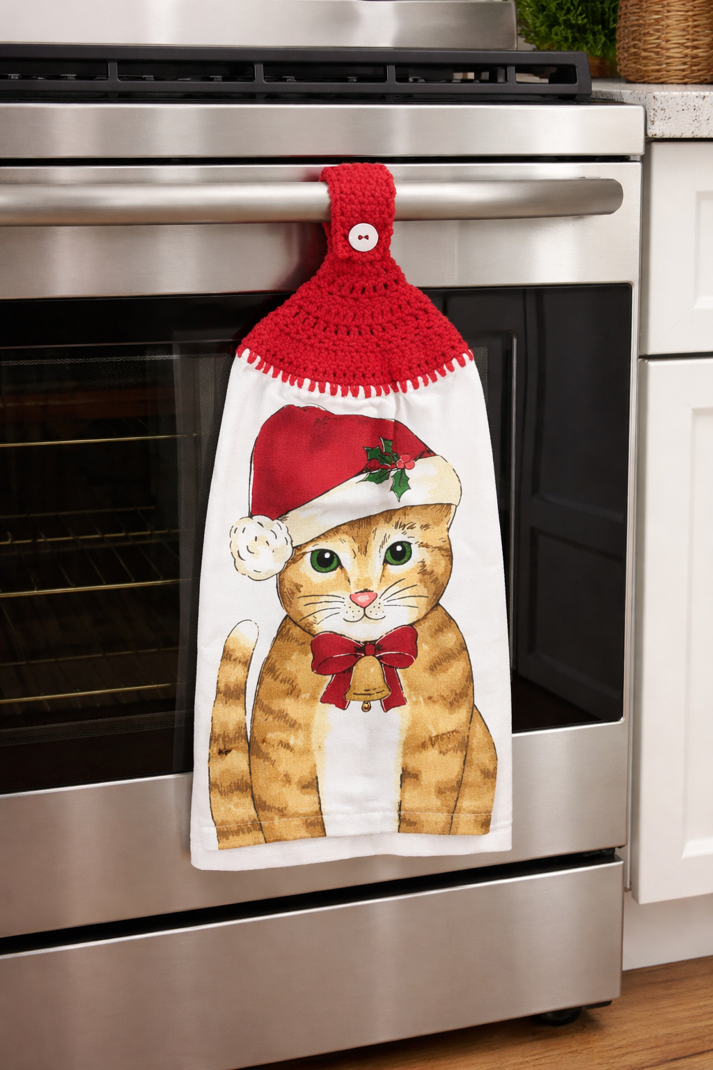Crochet Top Christmas Cat Hanging Kitchen Towel
