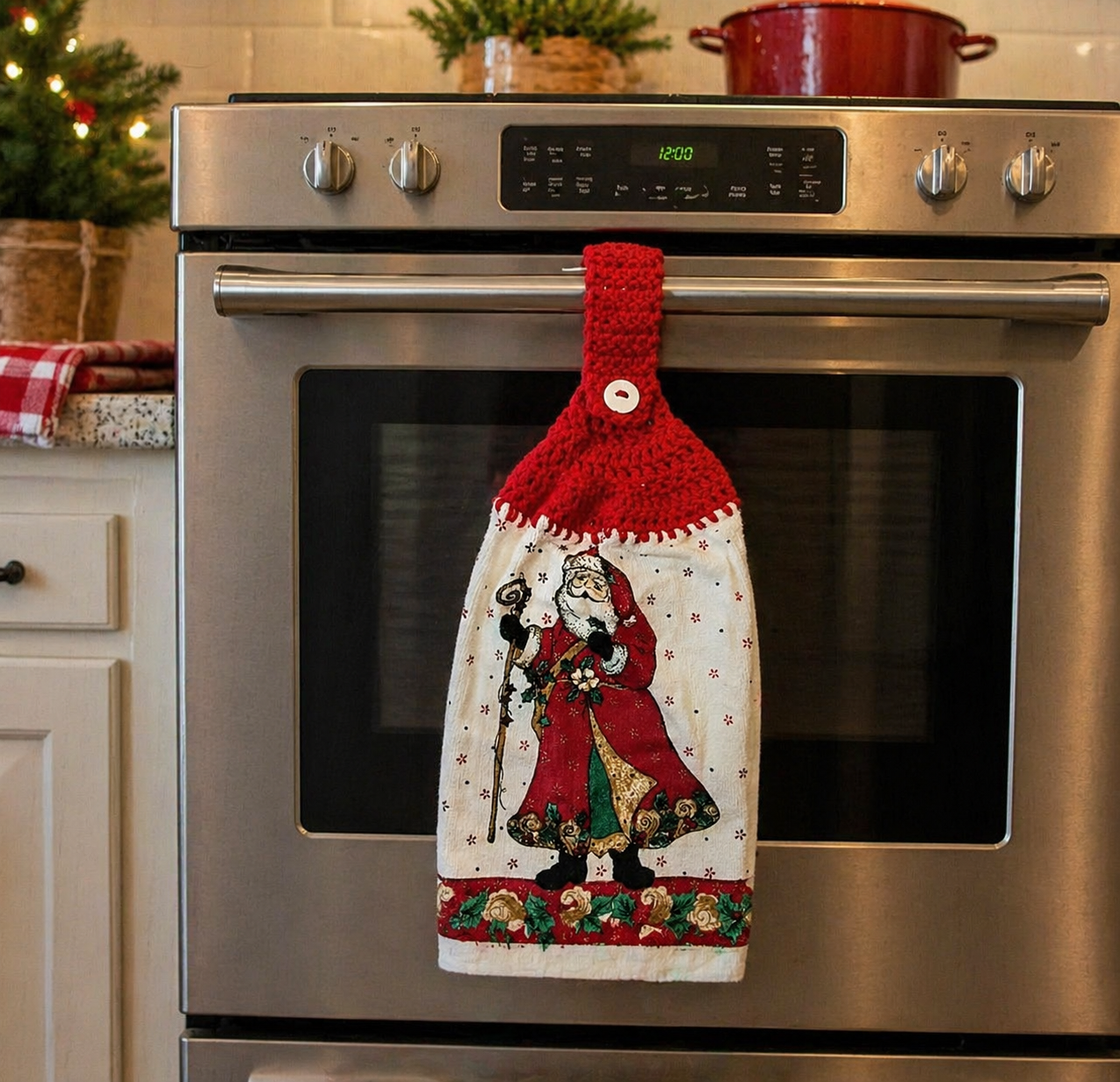 Crochet Top Vintage Santa Hanging Dish Towel