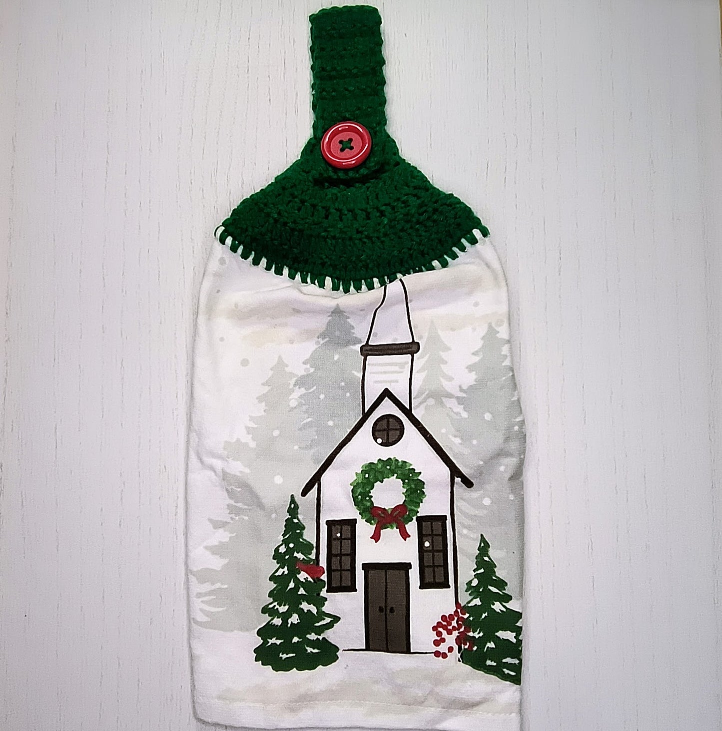 Crochet Top Christmas Church & Pine Tree Hanging Kitchen Towel