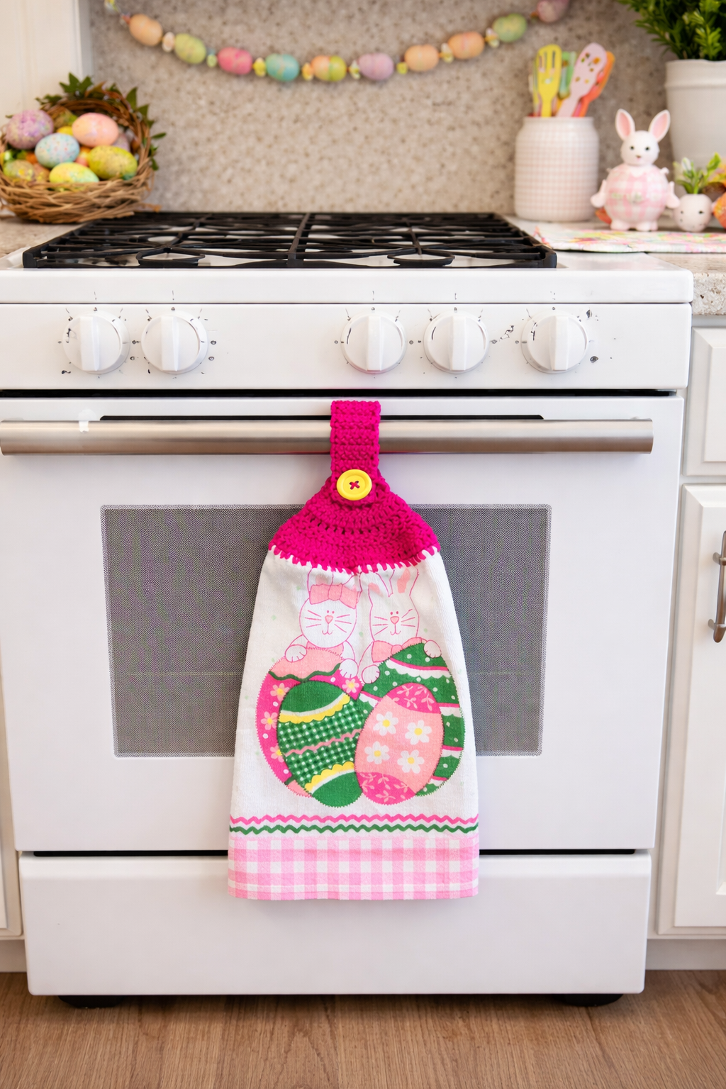 Crochet Top Easter Bunny & Eggs Hanging Dish Towel
