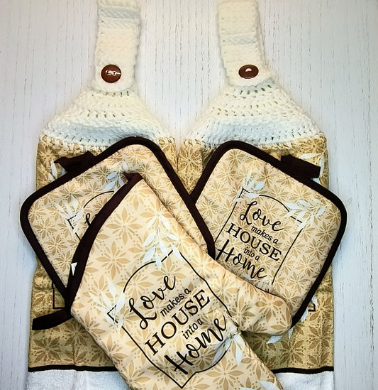 Crochet Top Love Makes a House into a Home Hanging Dish Towel Set with Potholders & Oven Mitt
