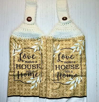 Crochet Top Love Makes a House into a Home Hanging Dish Towel Set with Potholders & Oven Mitt