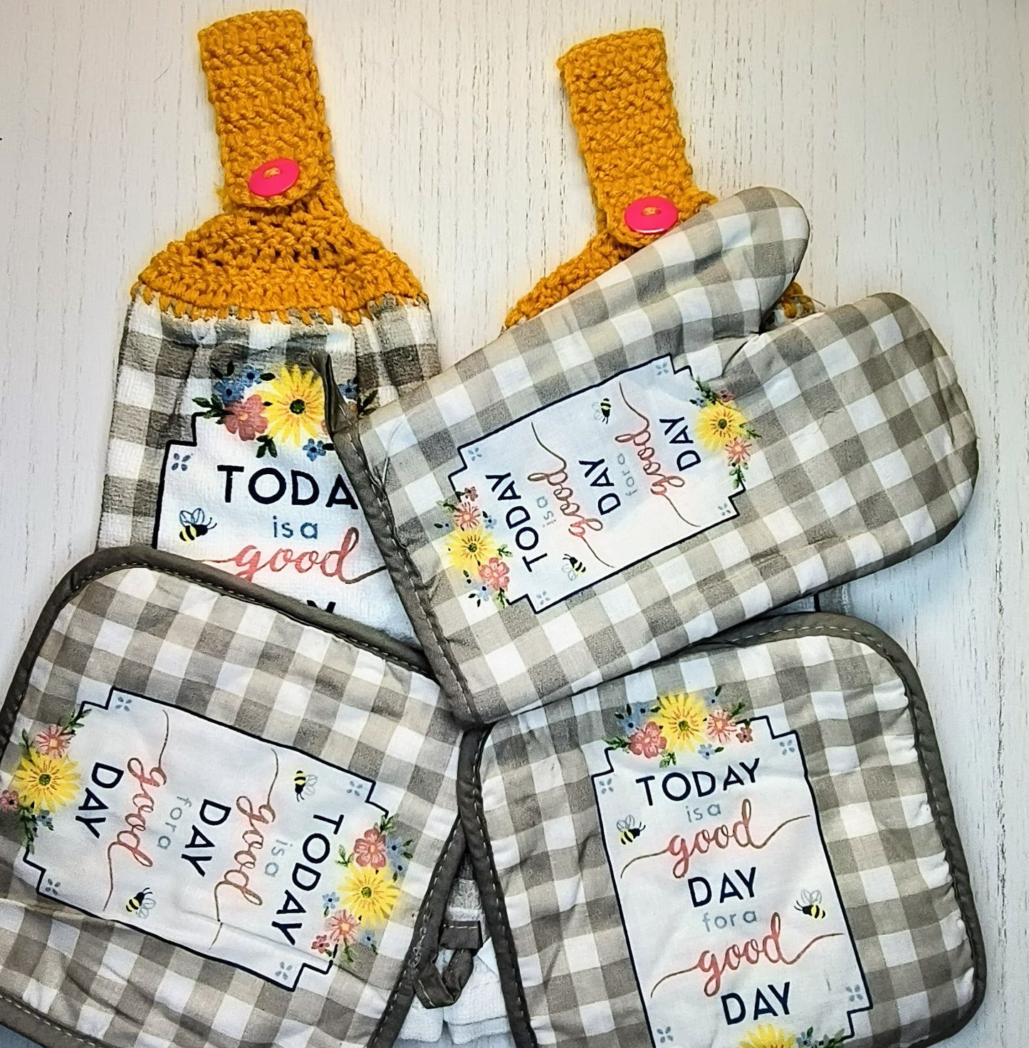 Crochet Top Today is a Good Day Floral Hanging Dish Towel & Potholder Set