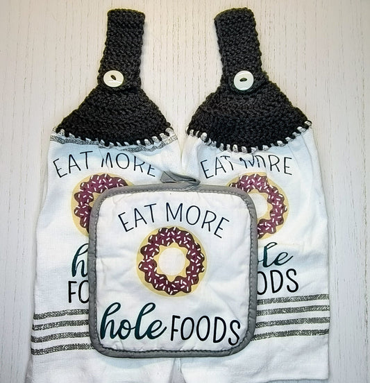 Crochet Top  "Eat More Hole Foods" Donut Hanging Dish Towel/Pot Holder Set