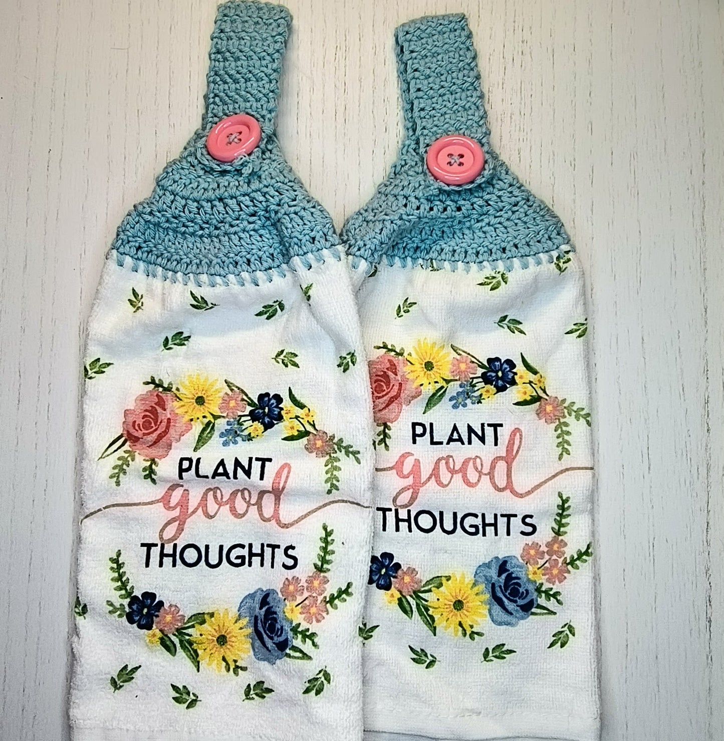 Crochet Top Plant Good Thoughts Floral  Hanging Dish Towels with Potholders & Oven Mitt Set