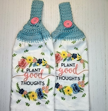 Crochet Top Plant Good Thoughts Floral  Hanging Dish Towels with Potholders & Oven Mitt Set