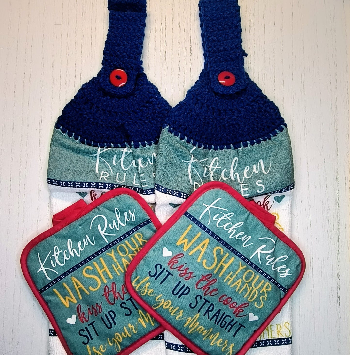 Crochet Top Kitchen Rules Hanging Dish Towel & Potholder Set