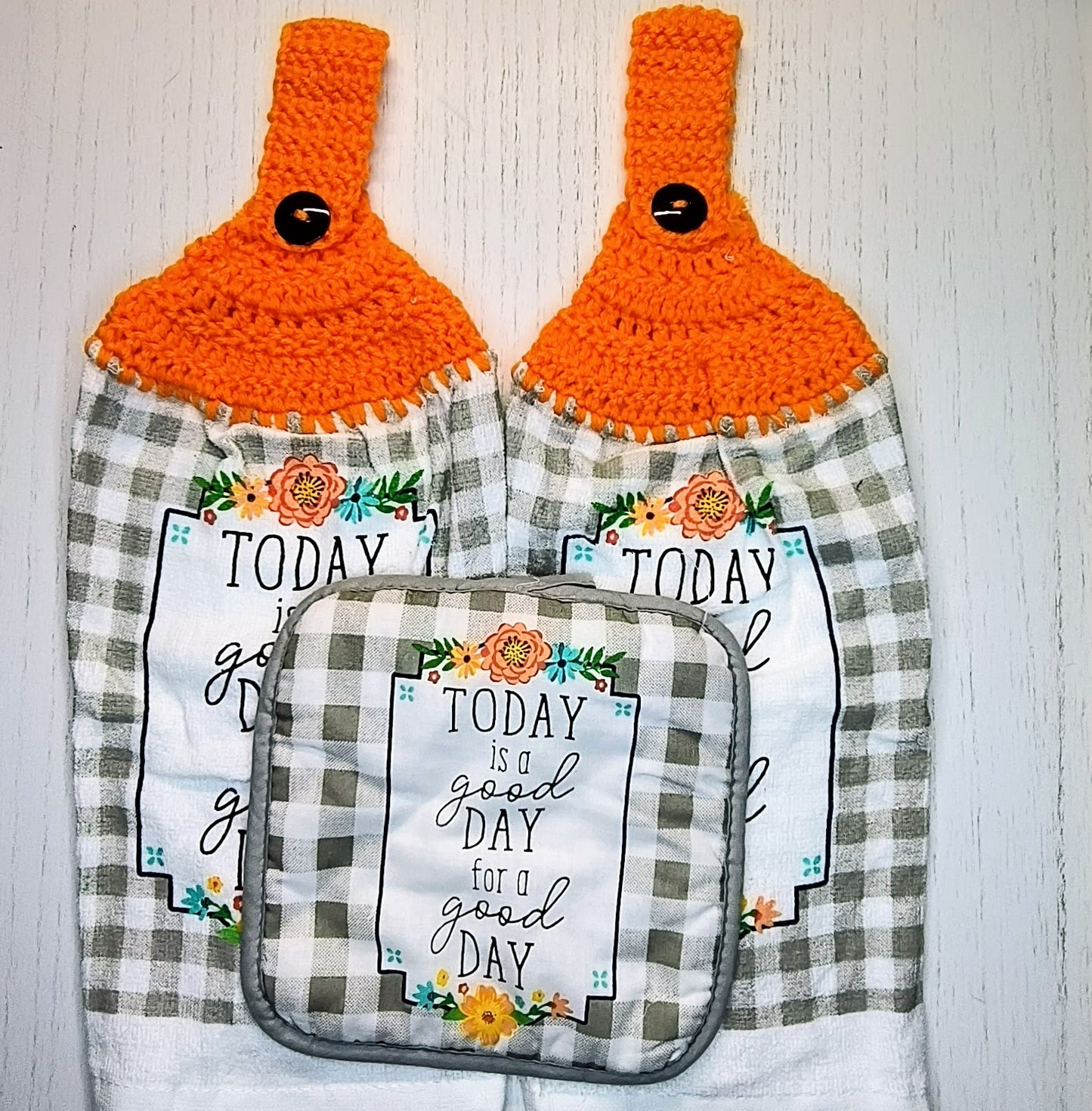 Crochet Top Today is a Good Day for a Good Day Floral Hanging Dish Towel & Potholder Set