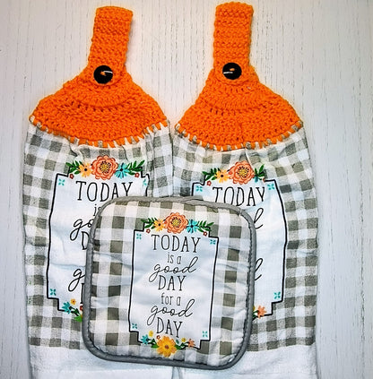 Crochet Top Today is a Good Day for a Good Day Floral Hanging Dish Towel & Potholder Set