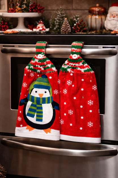 Crochet Top Penguin & Snow Flake Hanging Kitchen Towel Set