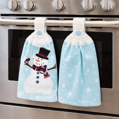 Crochet Top Snowman Snowflake Hanging Kitchen Towel Set