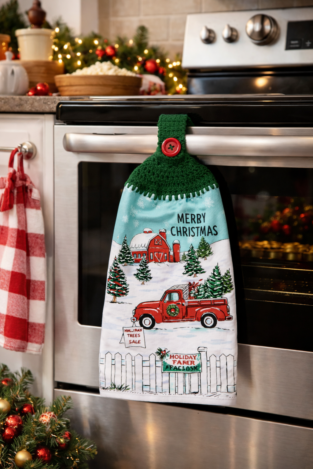 Crochet Top Christmas Red Truck & Tree Farm Hanging Kitchen Towel