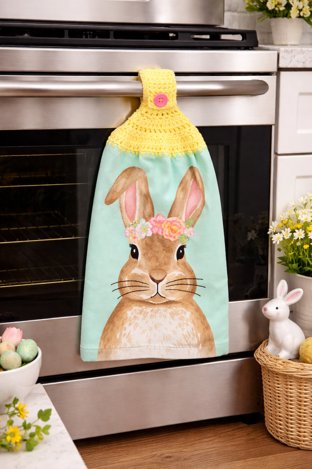 Crochet Top Floral Easter Bunny Hanging Kitchen Towel