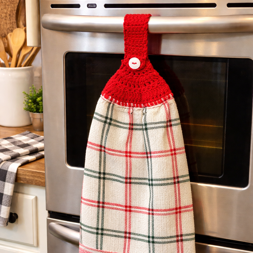 Crochet Top Farmhouse Plaid Hanging Kitchen Towel