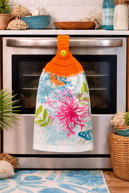 Crochet Top Floral Butterfly Hanging Kitchen Towel