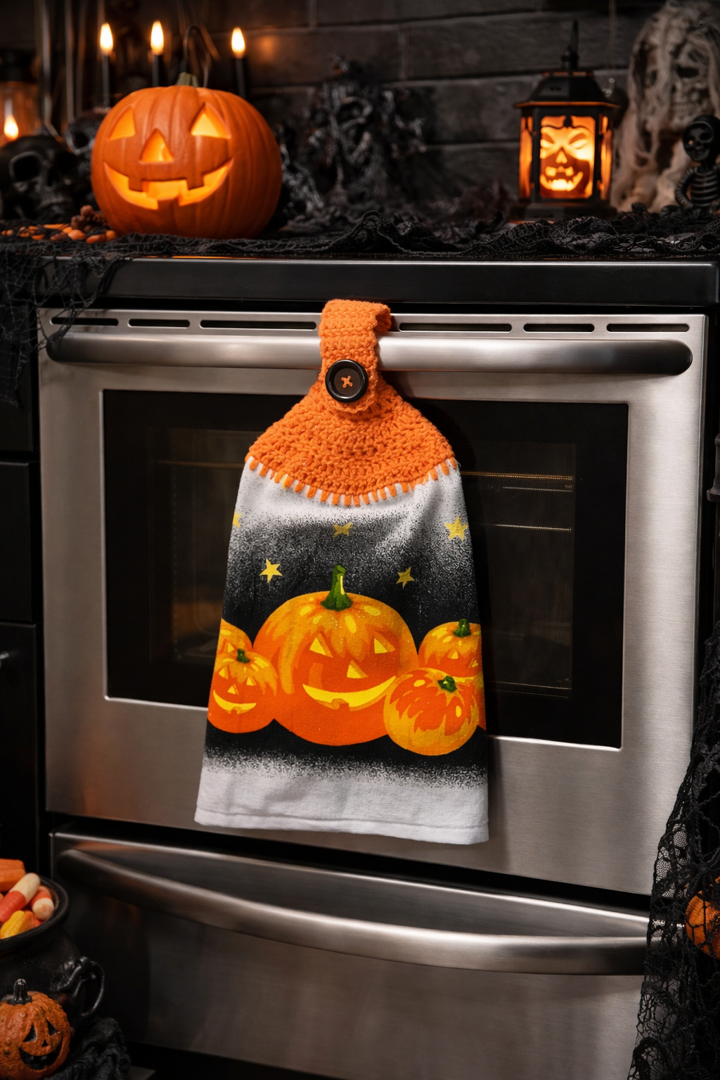 Crochet Top Jack O' Lantern Hanging Kitchen Towel