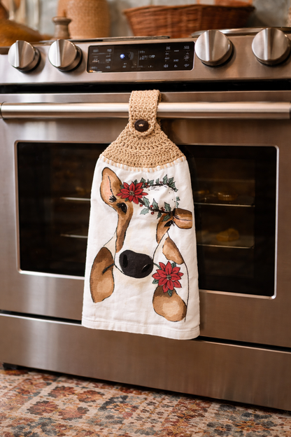 Crochet Top Festive Cow Poinsettia Crown Hanging Dish Towel
