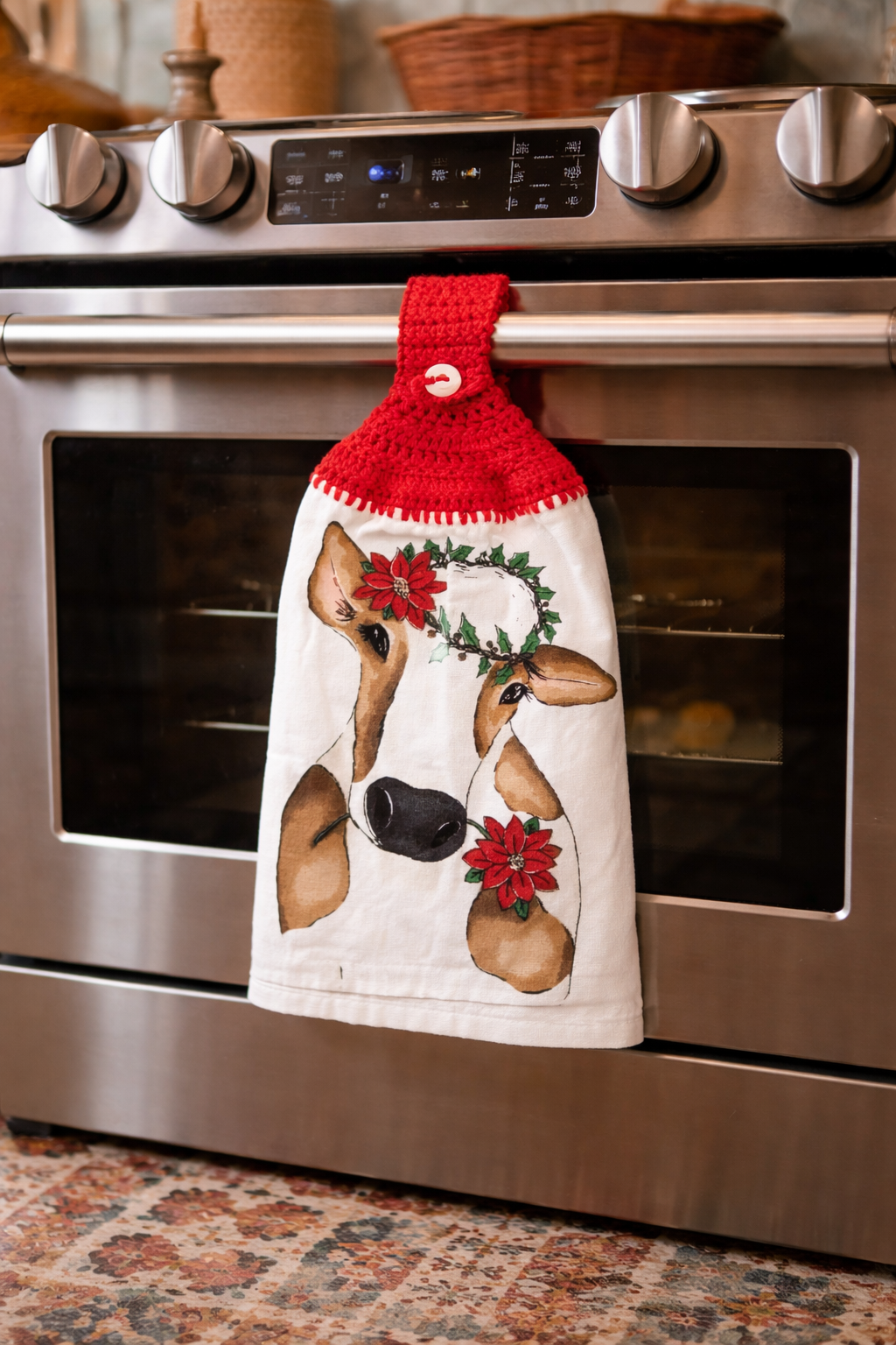 Crochet Top Festive Cow Poinsettia Crown Hanging Dish Towel