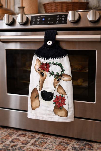 Crochet Top Festive Cow Poinsettia Crown Hanging Dish Towel