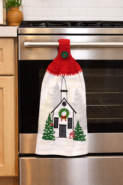 Crochet Top Christmas Church & Pine Tree Hanging Kitchen Towel