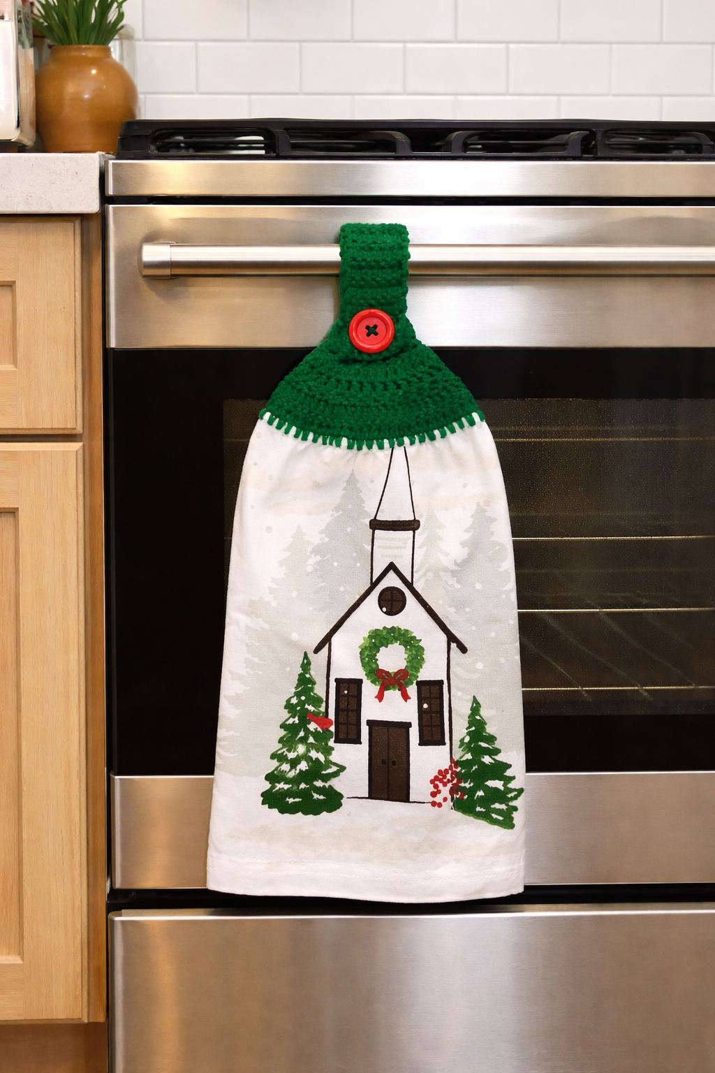 Crochet Top Christmas Church & Pine Tree Hanging Kitchen Towel
