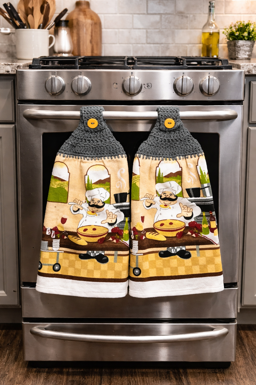 Crochet Top Italian Chef Spaghetti Hanging Kitchen Towel Set
