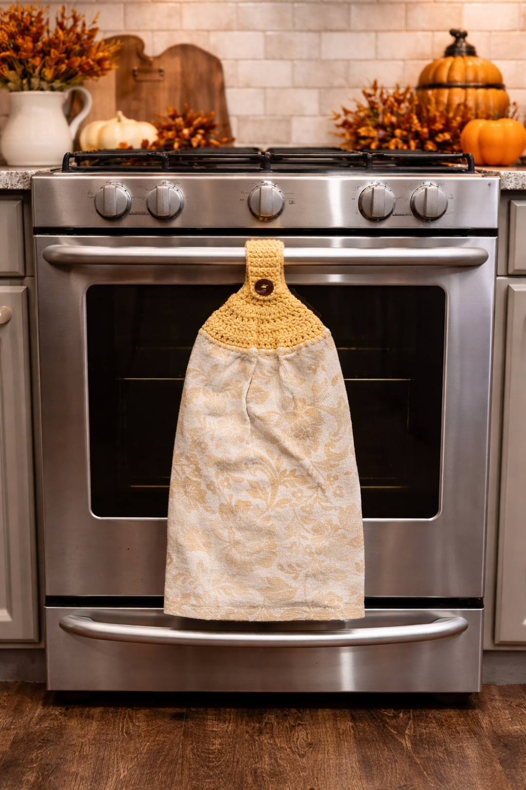Crochet Top Damask Floral Hanging Dish Towel