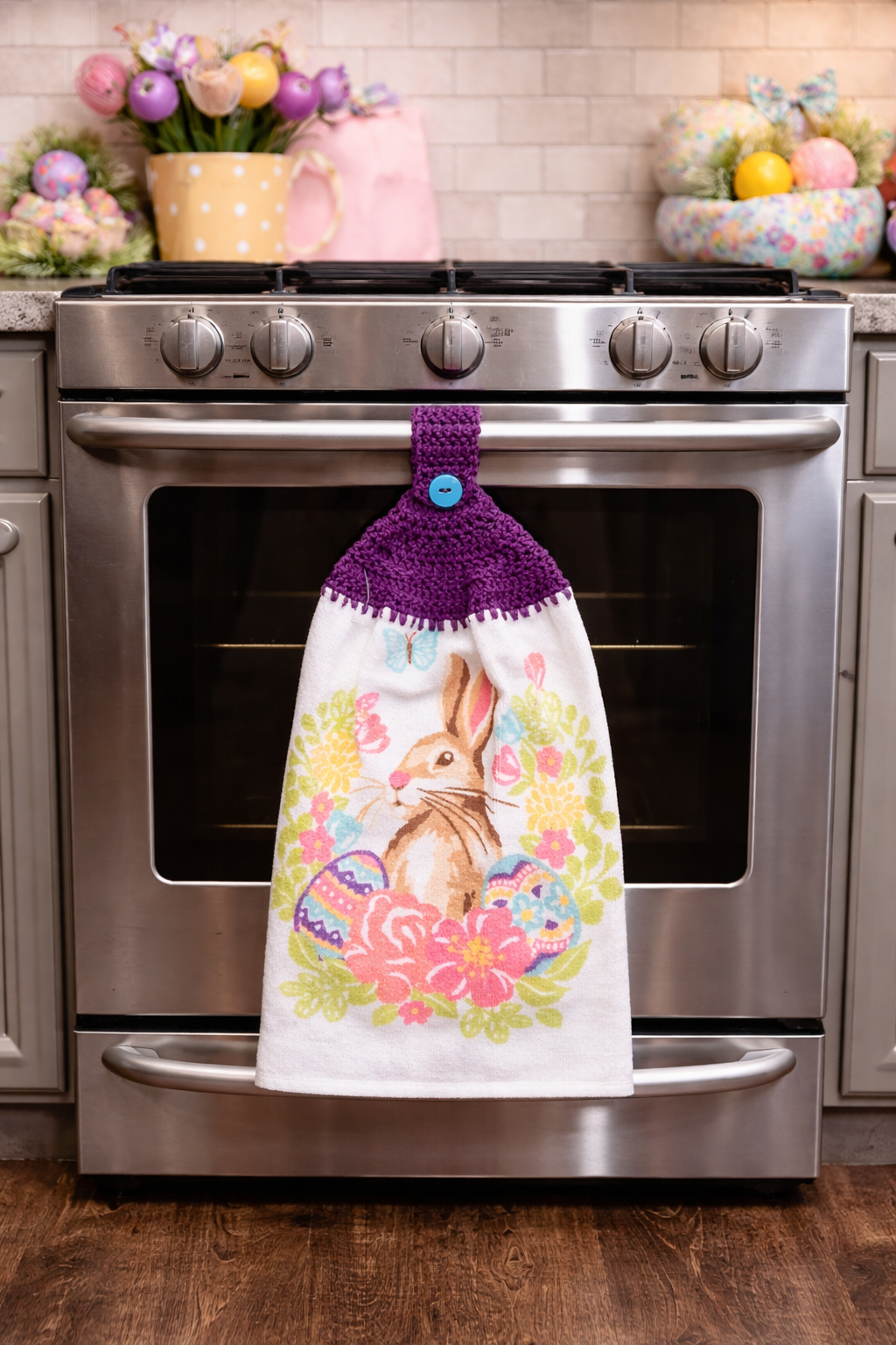 Crochet Top Easter Bunny & Eggs Hanging Dish Towel