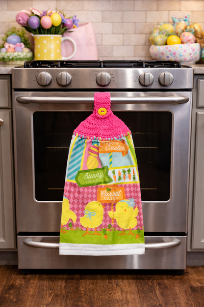 Crochet Top Happy Easter Chicks & Bunny Trail Hanging Dish Towel