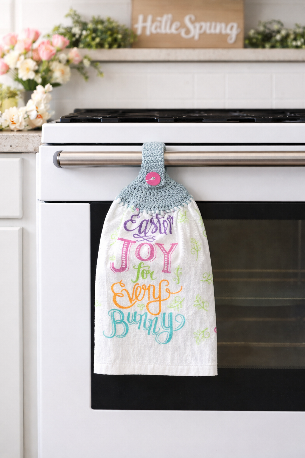 Crochet Top Easter Bunny Joy Hanging Dish Towel
