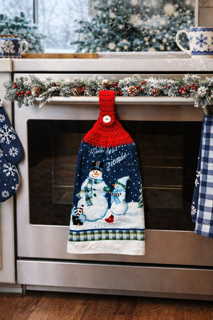 Crochet Top Snowman "Make New Friends" Hanging Dish Towel