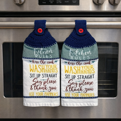Crochet Top Kitchen Rules Hanging Dish Towel & Potholder Set