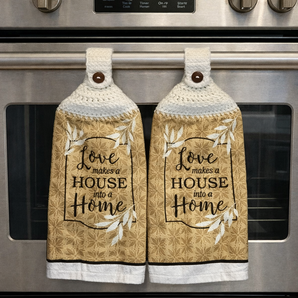 Crochet Top Love Makes a House into a Home Hanging Dish Towel Set with Potholders & Oven Mitt