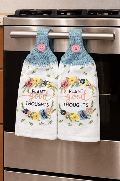 Crochet Top Plant Good Thoughts Floral  Hanging Dish Towels with Potholders & Oven Mitt Set
