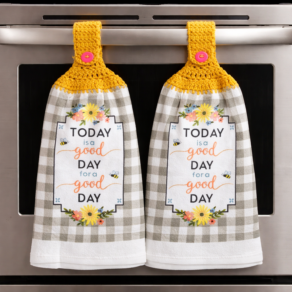 Crochet Top Today is a Good Day Floral Hanging Dish Towel & Potholder Set