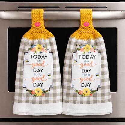 Crochet Top Today is a Good Day Floral Hanging Dish Towel & Potholder Set