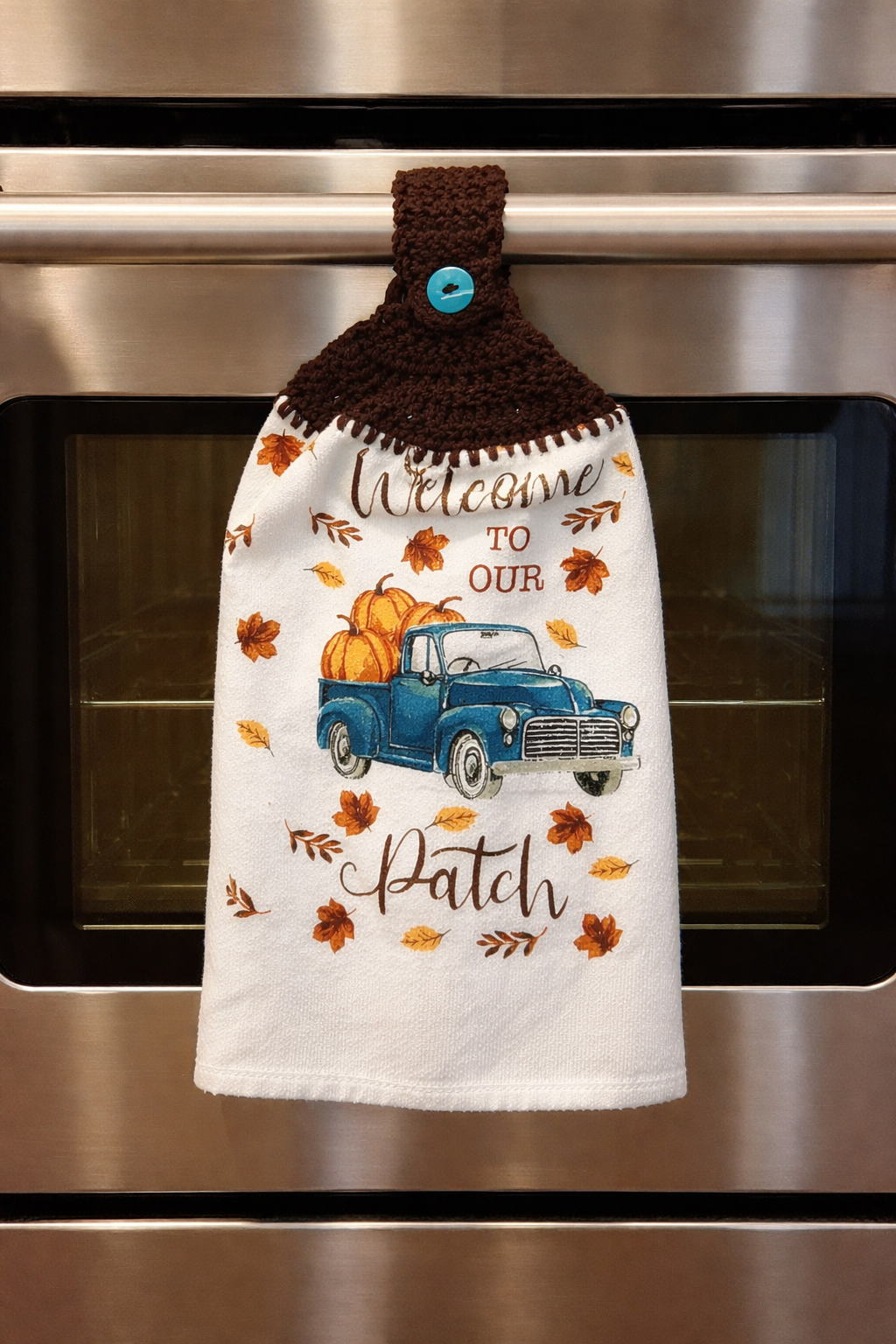 Crochet Top Welcome to Our Patch Blue Truck & Pumpkins Hanging Dish Towel