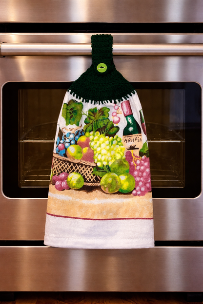 Crochet Top Wine Bottle & Grapes Hanging Kitchen Towel