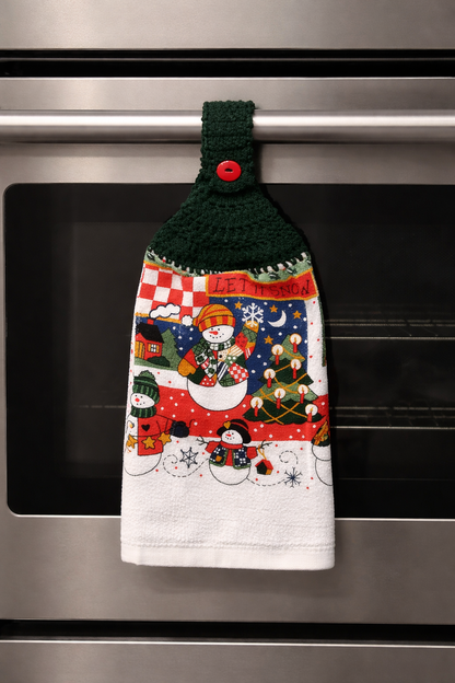 Let It Snow Vintage Christmas Snowman & Trees Crochet Top Hanging Dish Towel