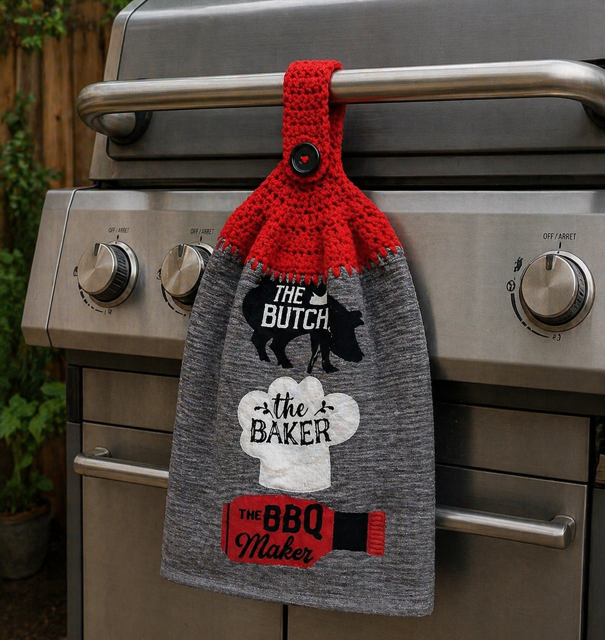 Crochet Top The Butcher, The Baker, The BBQ Maker Pig Silhouette Hanging Dish Towel
