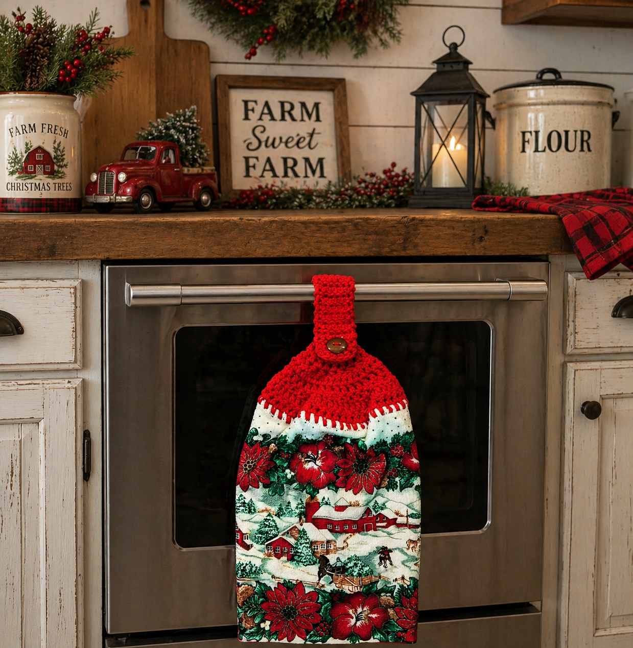 Crochet Top Christmas Farmhouse Hanging Dishtowel
