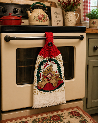 Crochet Top Vintage Bear & Cubs Christmas Hanging Dish Towel