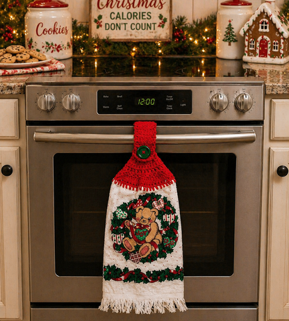 Crochet Top Vintage Christmas Teddy Bear Joy Hanging Dish Towel